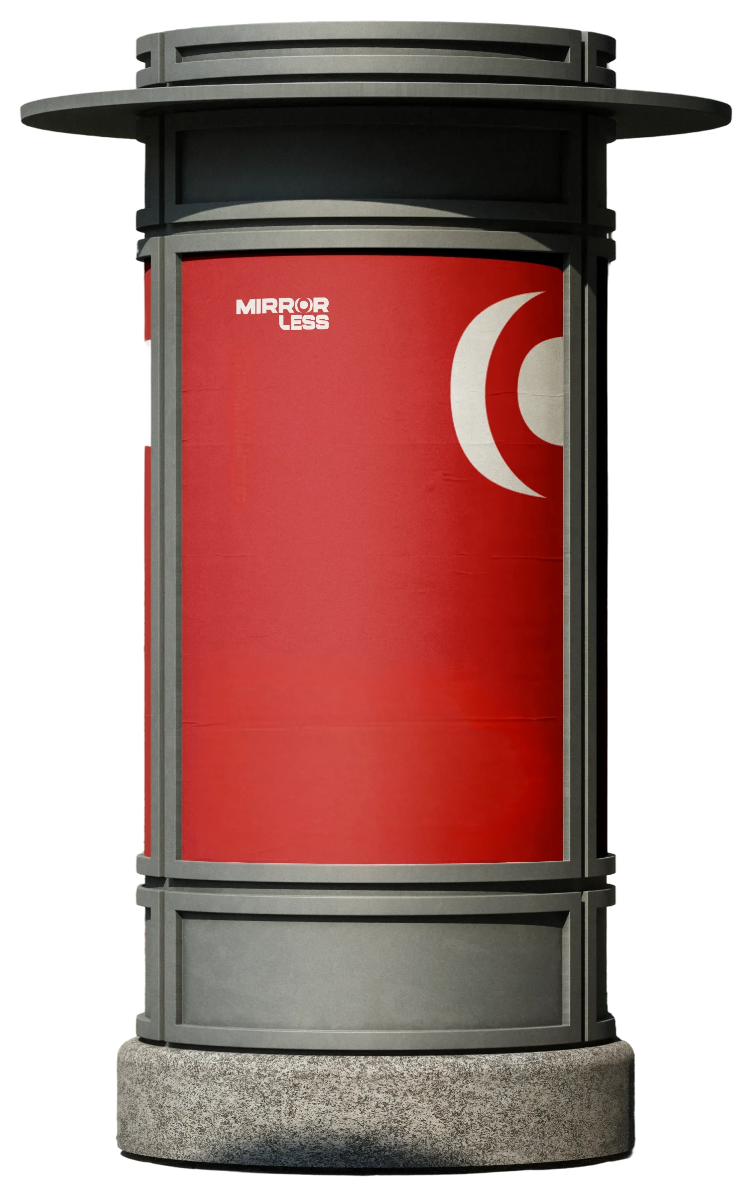 A street advertising column wrapped in a red Mirrorless poster.