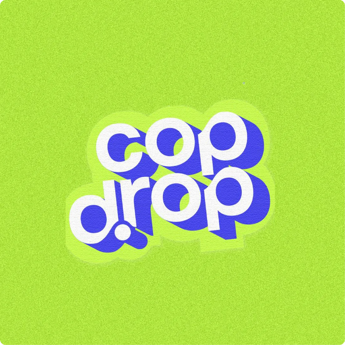 The cop drop wordmark, white and blue, on a lime ground.
