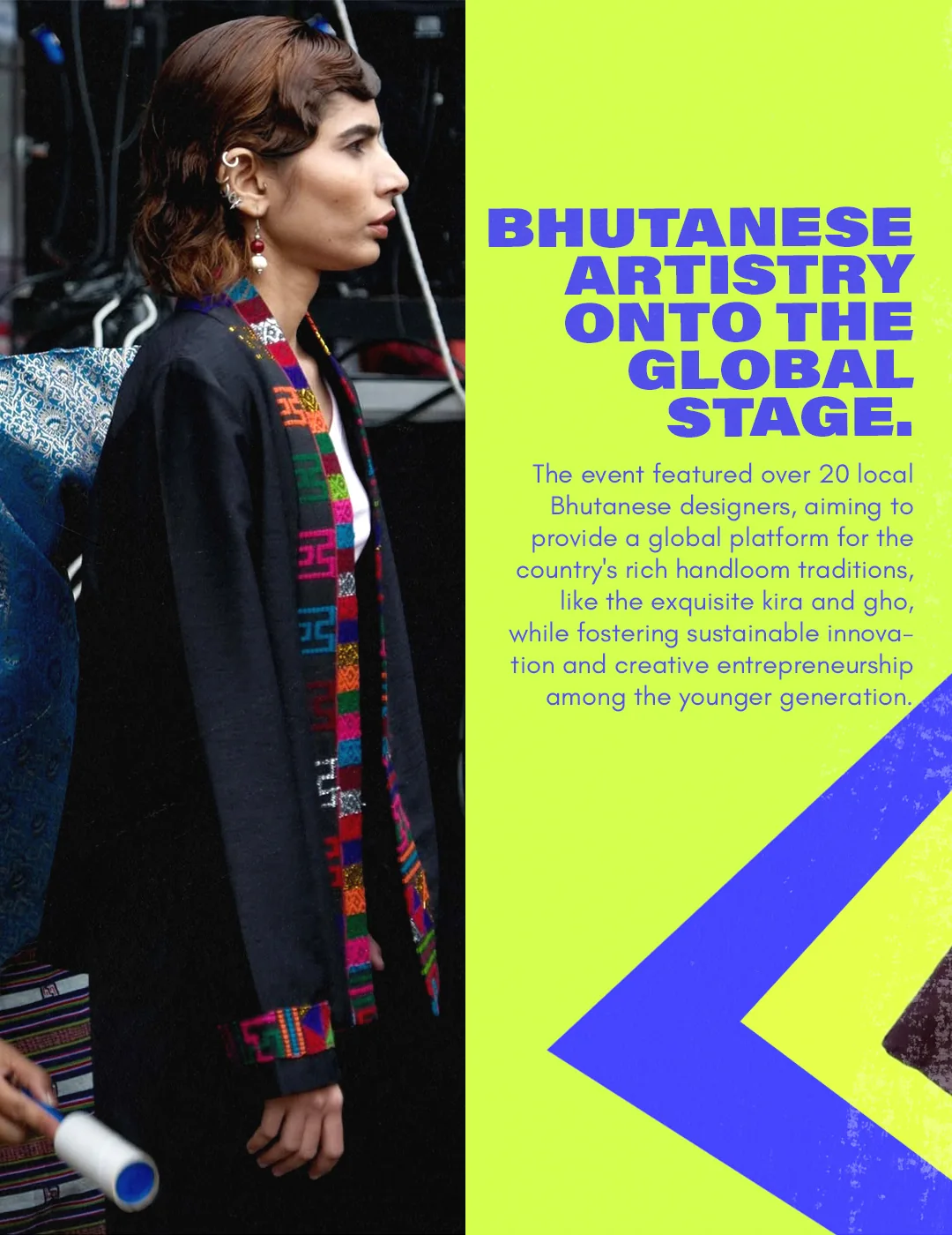 A model in a patterned coat outside the show.