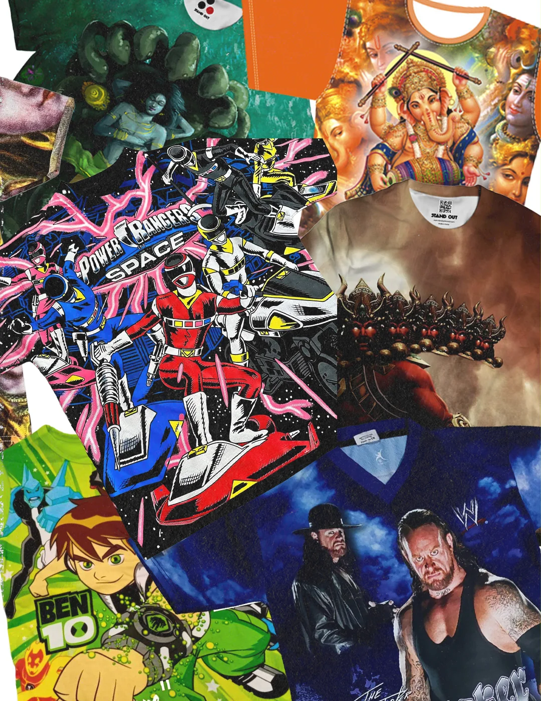 A collage of Indian pop-culture prints.