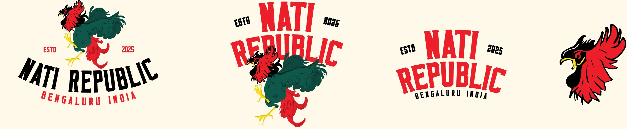 The Nati Republic logo set: the rooster over the wordmark, the rooster standing on it, the wordmark alone, and the rooster's head.
