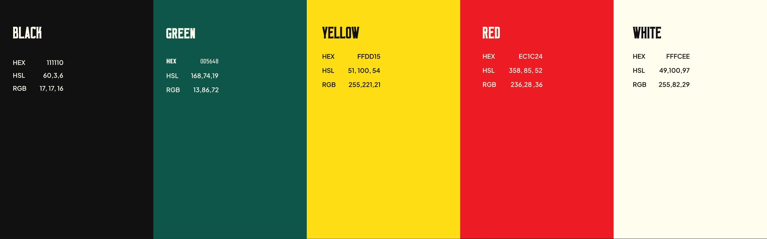 The Nati Republic palette: black 111110, green 0D5648, yellow FFDD15, red EC1C24, white FFFCEE.