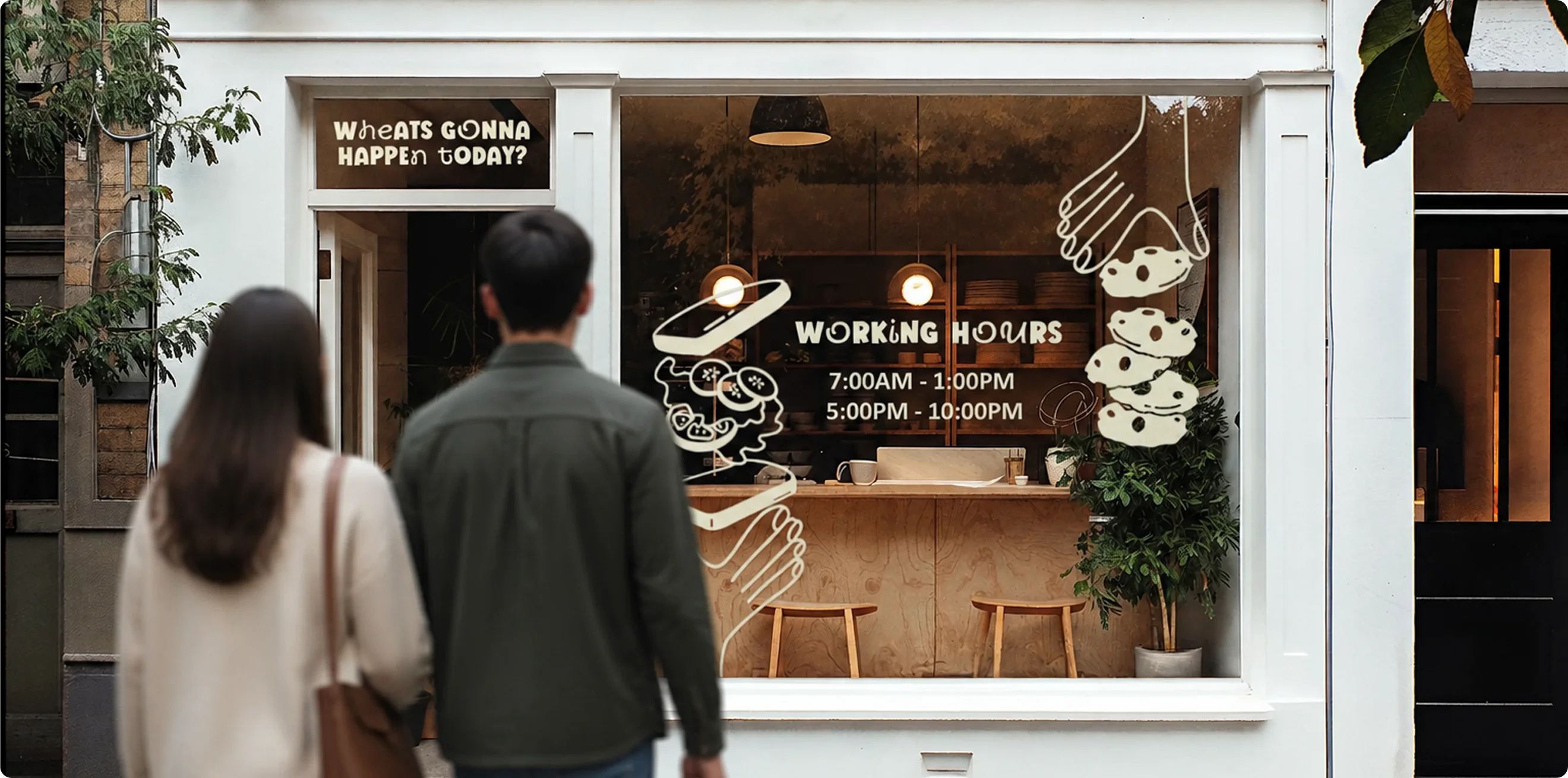 The caf&eacute; storefront: window vinyl reading Working Hours with opening times, hand-drawn white illustrations of pastries and hands, and a sign above the door asking Wheats gonna happen today?