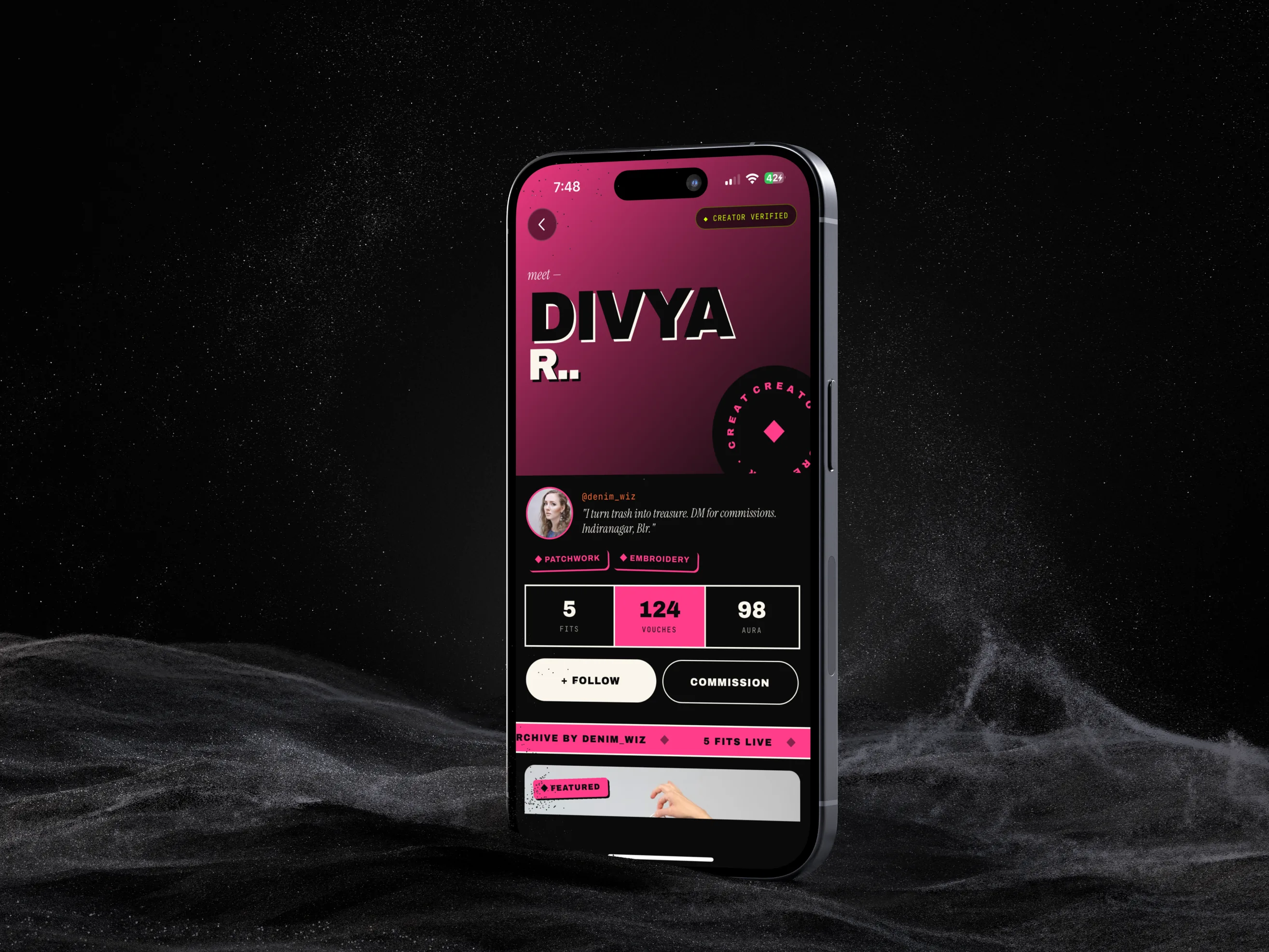 A creator profile on ourFIT: Divya R., with her fits, vouches and aura counts and buttons to follow or commission her.