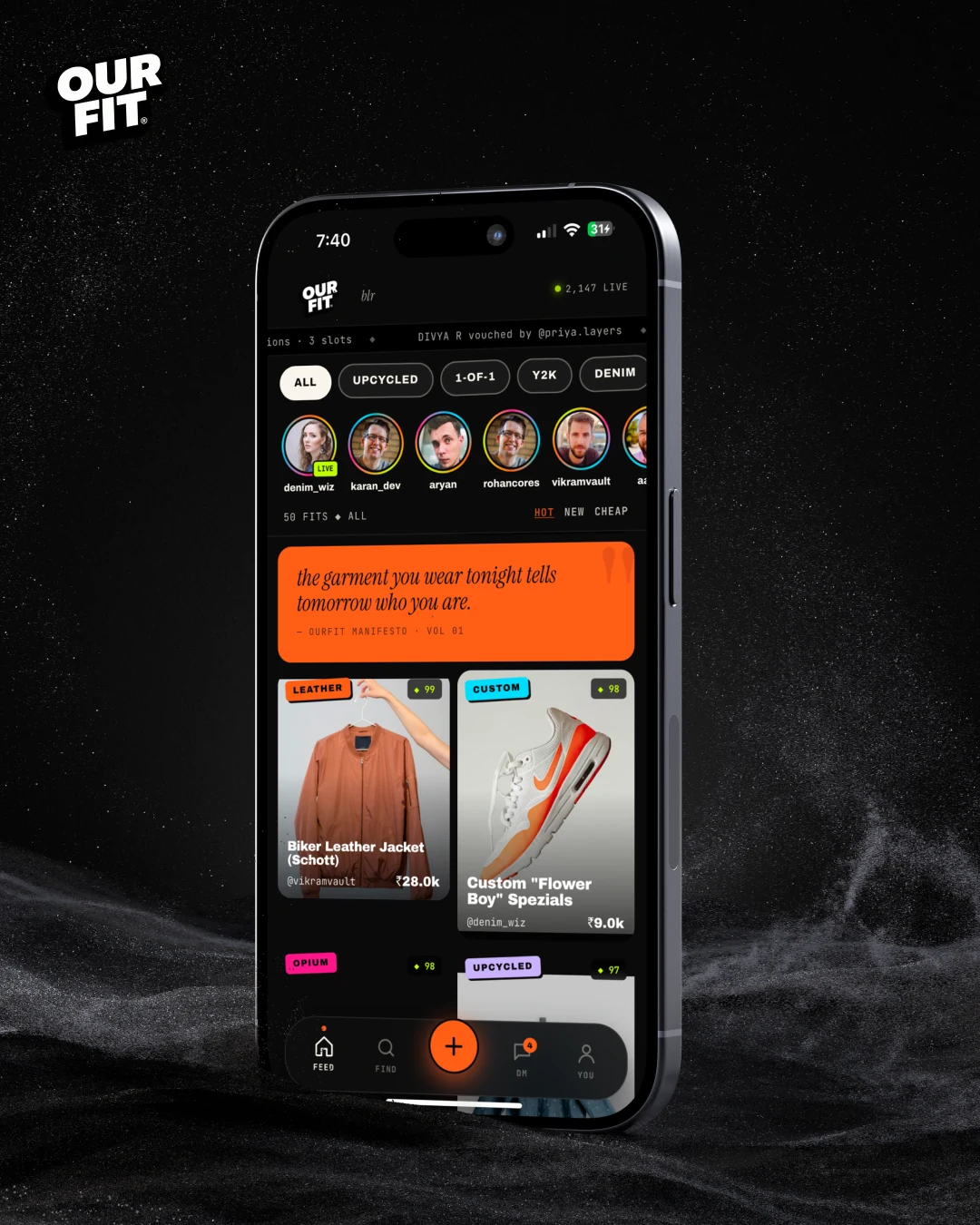 The ourFIT feed on an iPhone: filters, creators, the manifesto card and the first listings.