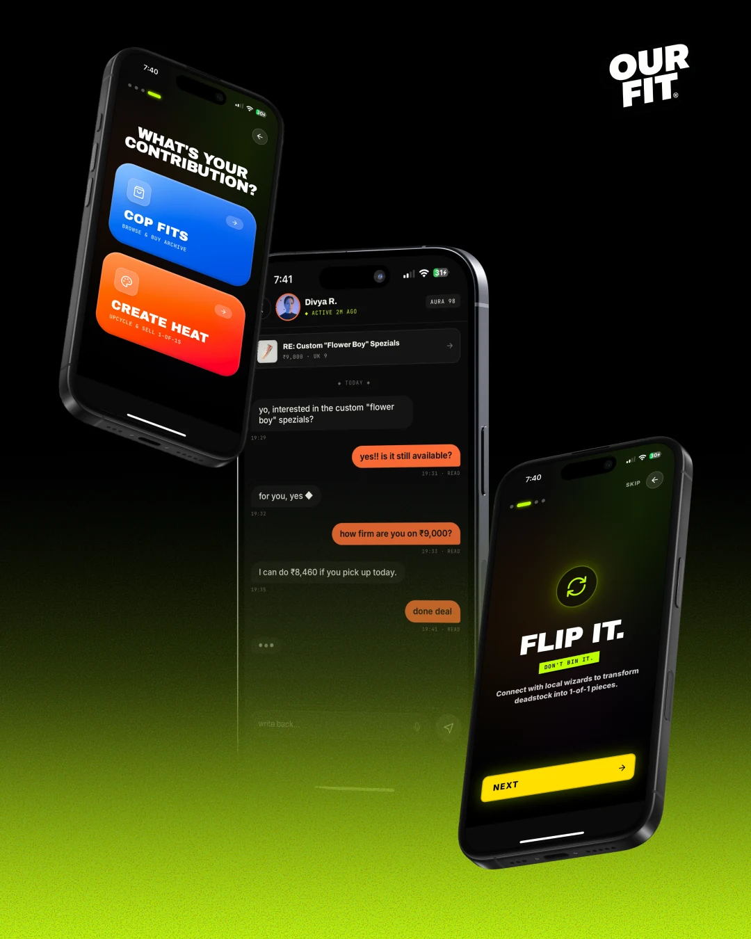 Three phones over a lime glow: the contribution picker with Cop Fits and Create Heat, a haggle chat, and the Flip It screen.