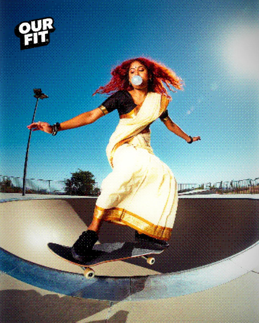 A woman in a cream and gold saree skating a bowl, with the ourFIT logo in the corner.