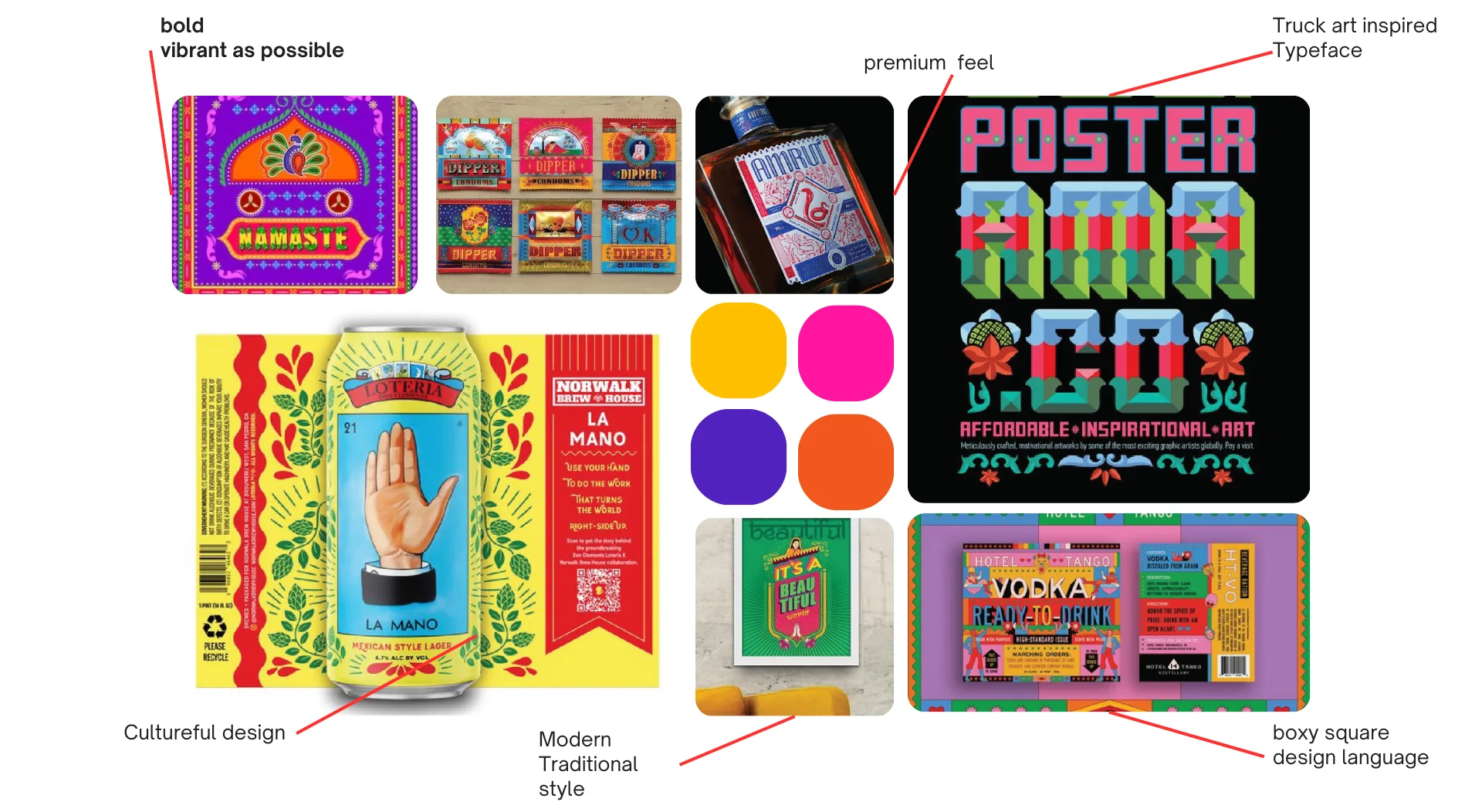 A moodboard with callouts: bold, vibrant as possible; premium feel; truck-art inspired typeface; culturally rich design; modern traditional style; boxy square design language.