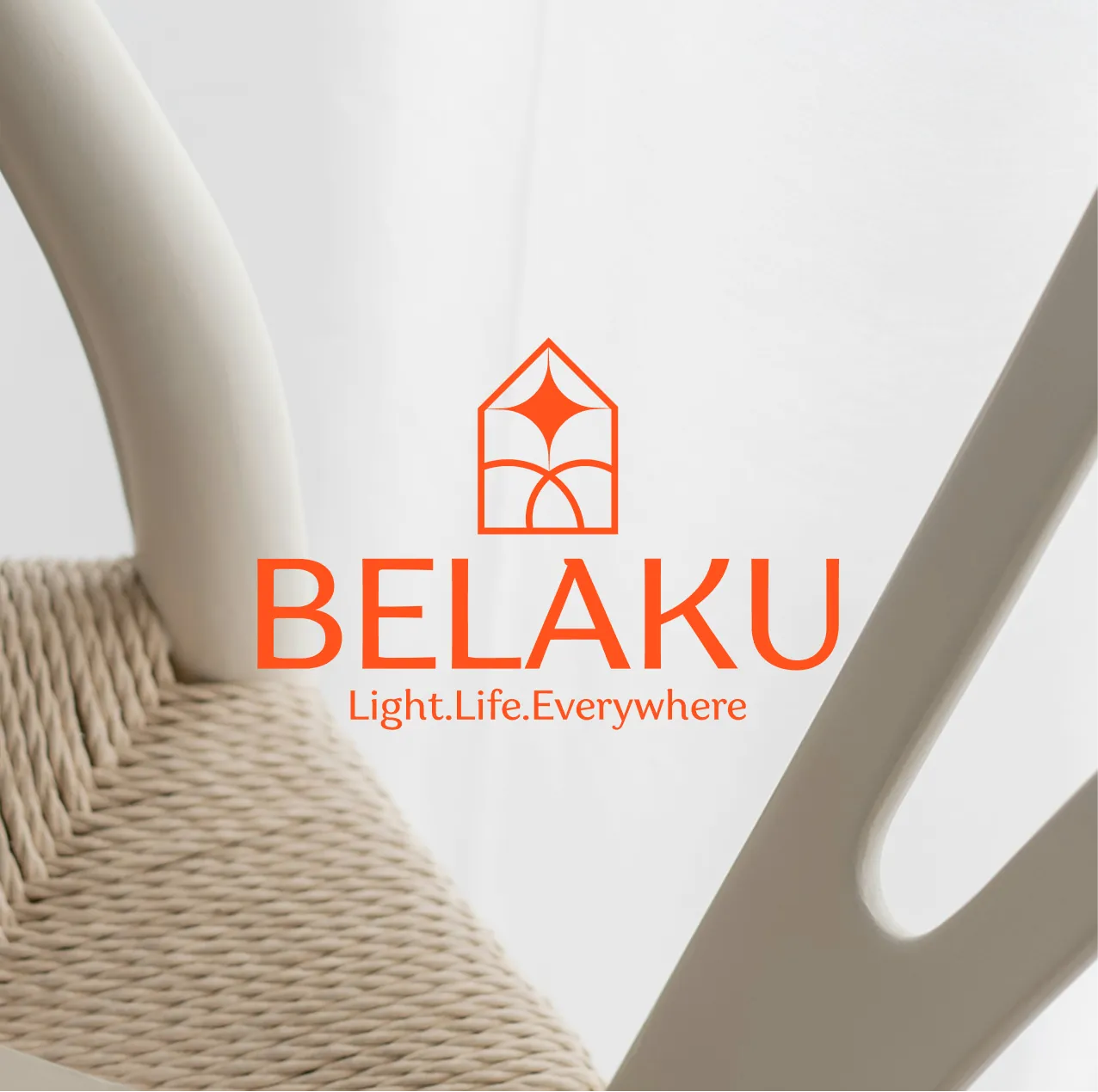 The Belaku logo, Light. Life. Everywhere., over a woven chair