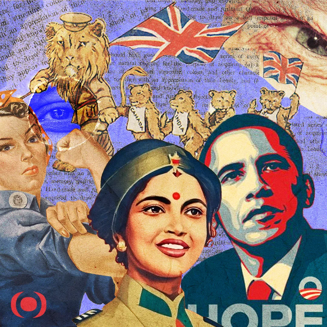 A collage of political posters on a blue page of old print, Rosie the Riveter flexing, a smiling Indian woman in uniform, Shepard Fairey's Obama HOPE portrait, and British Empire lion cubs labelled Canada and India under Union Jacks.