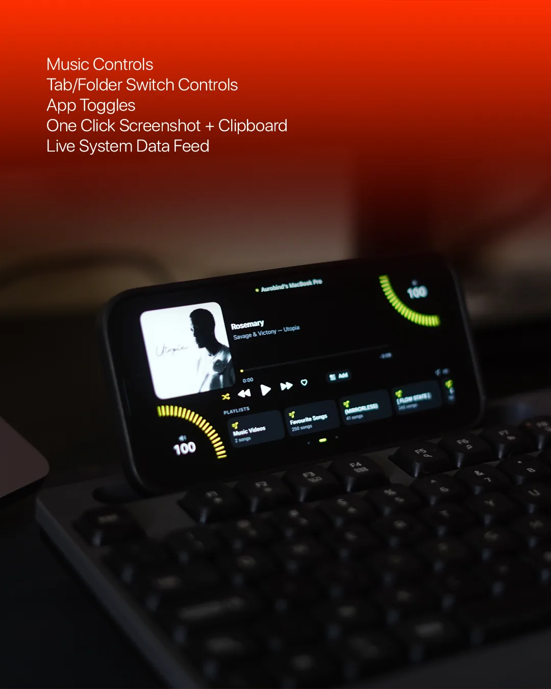 Ledge's music screen on a phone above a keyboard, listing its features: music controls, tab and folder switch controls, app toggles, one click screenshot to clipboard, live system data feed.