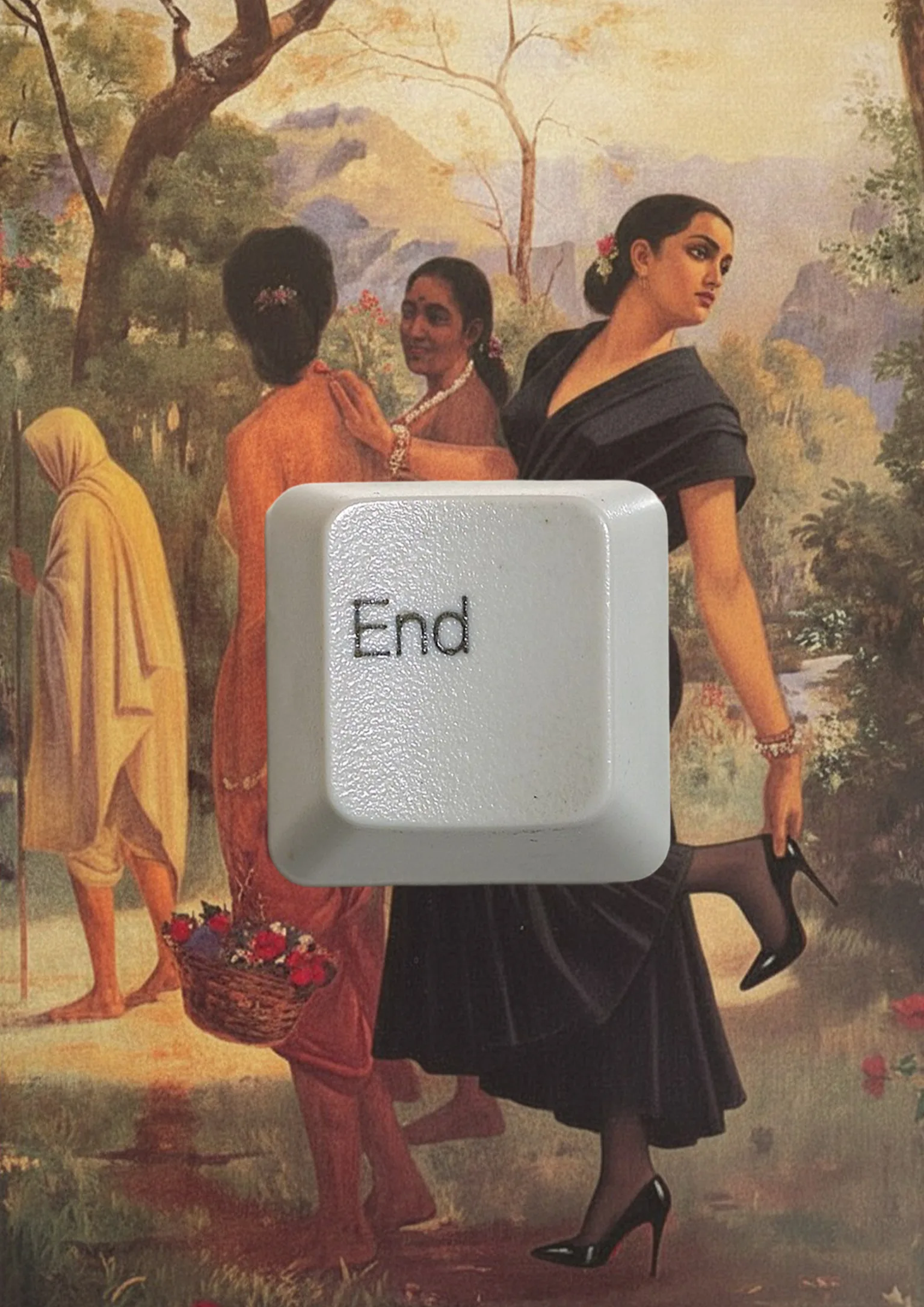 The back cover, a Ravi Varma painting where the central woman wears a black dress and holds a stiletto, with a big white End key from a keyboard stuck in the middle.