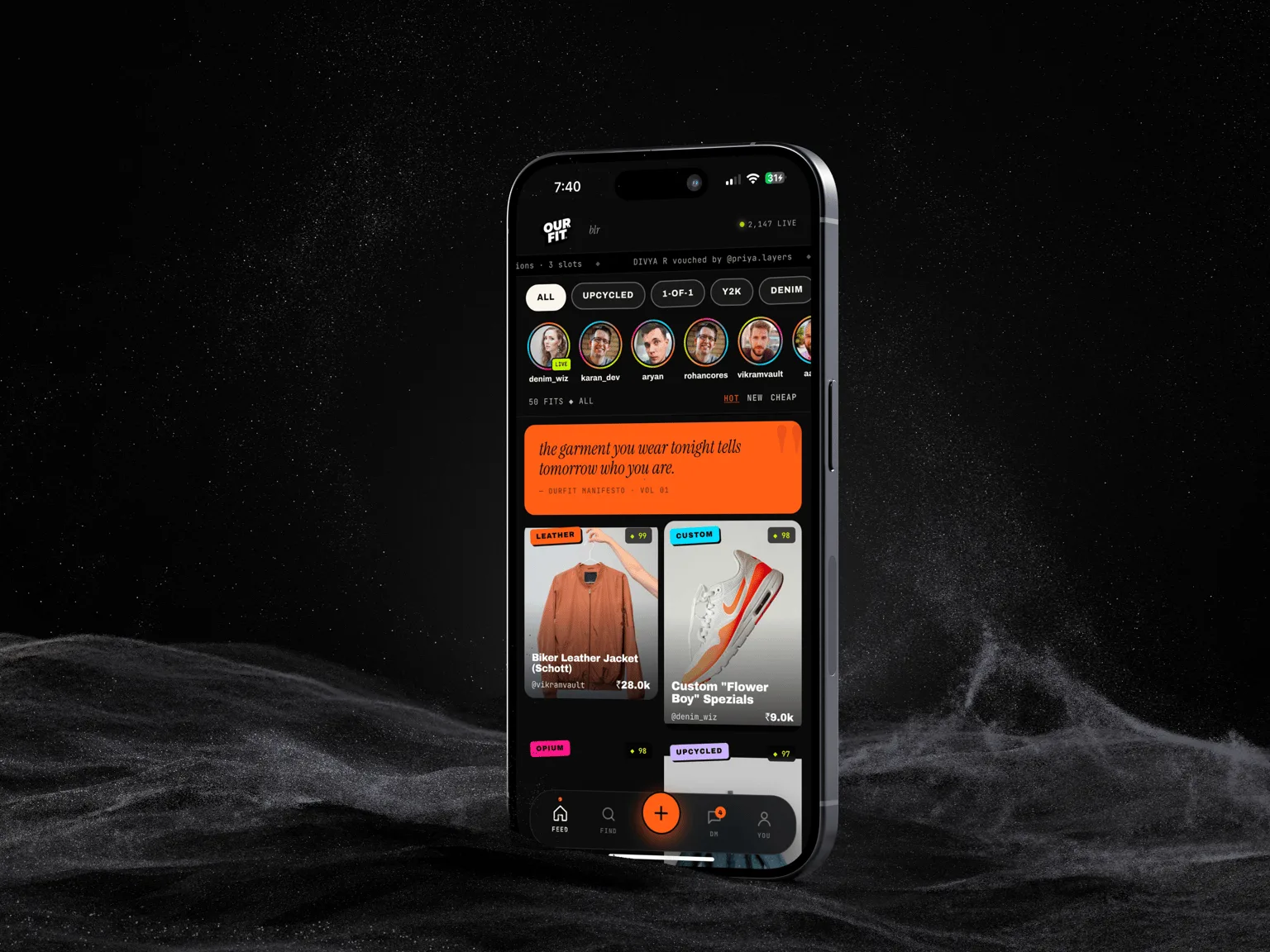 OurFit running on a phone, the feed showing category pills like Upcycled, 1-of-1 and Y2K, a row of seller stories, an orange manifesto card and listings for a leather jacket and custom sneakers.