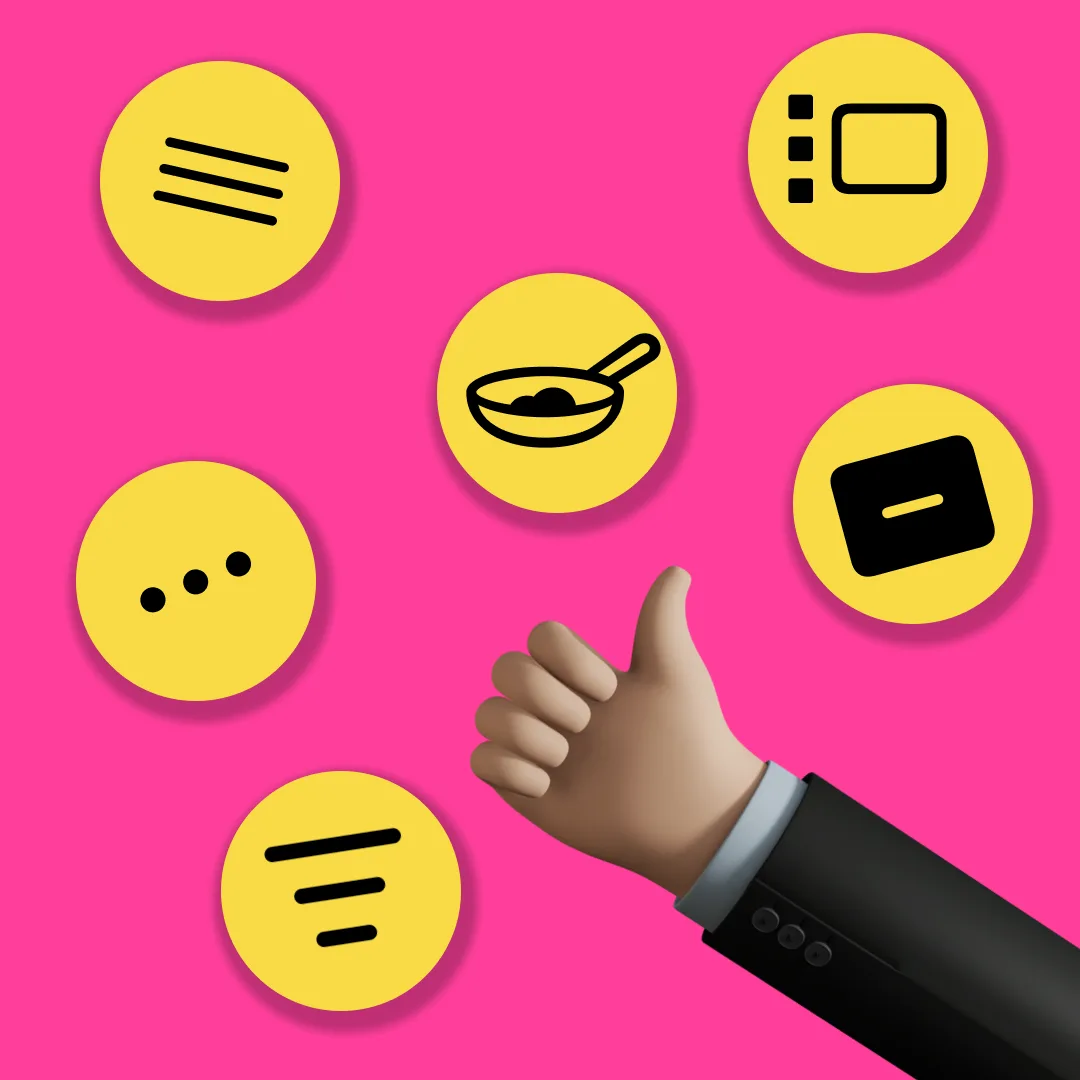 Yellow circles on a hot pink background, each holding a UI icon, a hamburger menu, a kebab menu, a frying pan, a snack bar and a filter, with a 3D hand in a suit sleeve giving a thumbs up.
